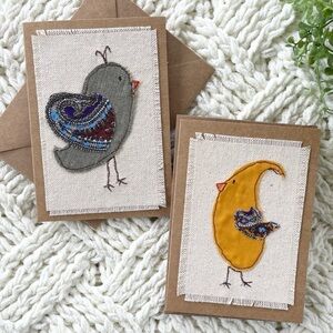 Handcrafted Fabric Stitched Greeting Card Set of Two Whimsical Bird Paisley